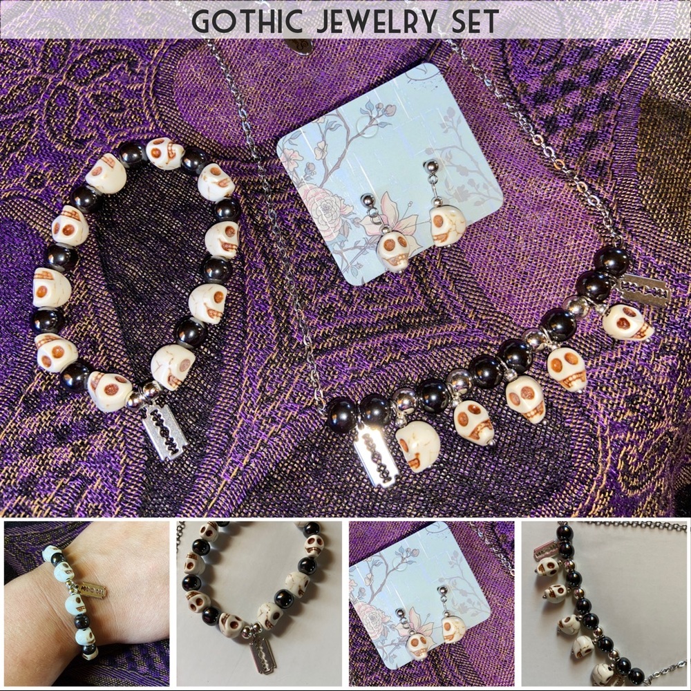 Gothic Skull Hematite Razor Stainless Jewelry set